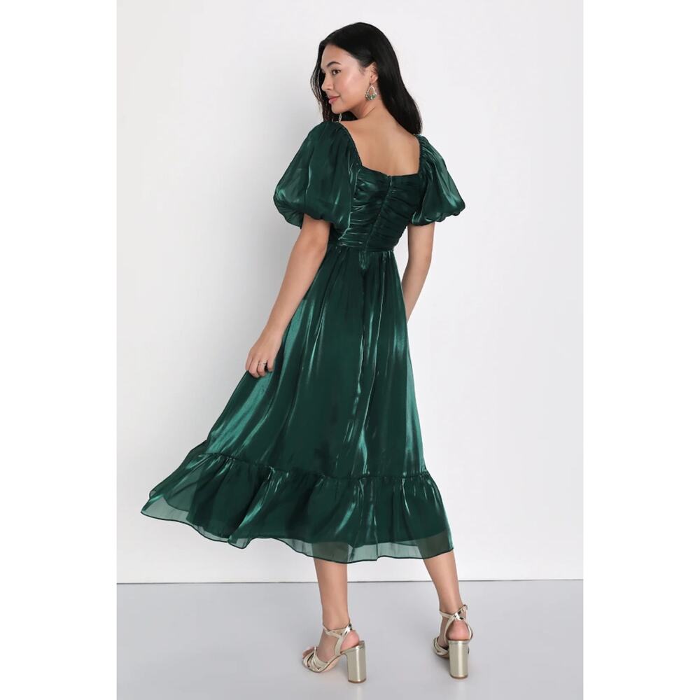 Lulus Remarkable Sensation Emerald Green Puff Sleeve Tiered Dress Party Small - Picture 3 of 10